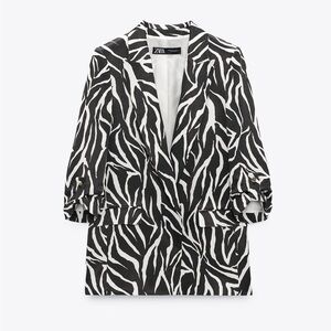 Zara Print Black and White Blazer Rolled Sleeves XS